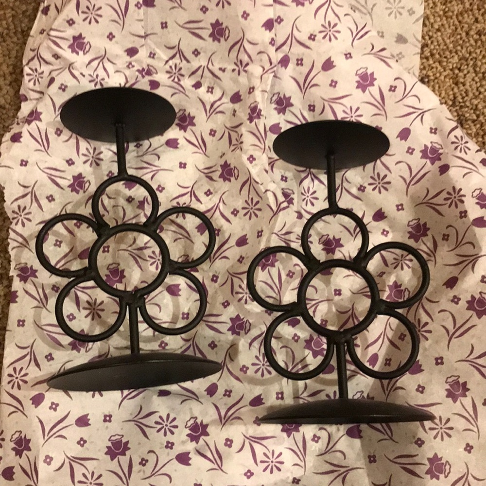 Art Deco black wrought iron daisy flower shaped candle holders sticks stands EUC